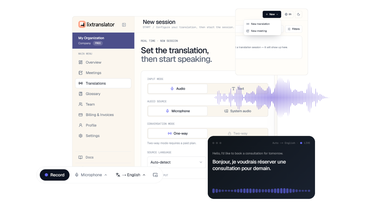 lixTranslator app preview: a live translation session