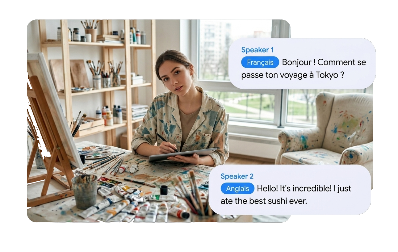 A two-way conversation between two people, each in their own language